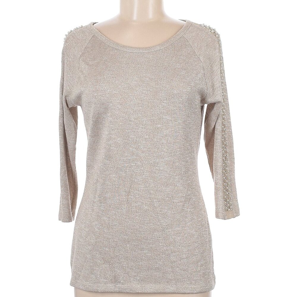 INC International Concepts Beige Embellished Knit Top - 3/4 Sleeve